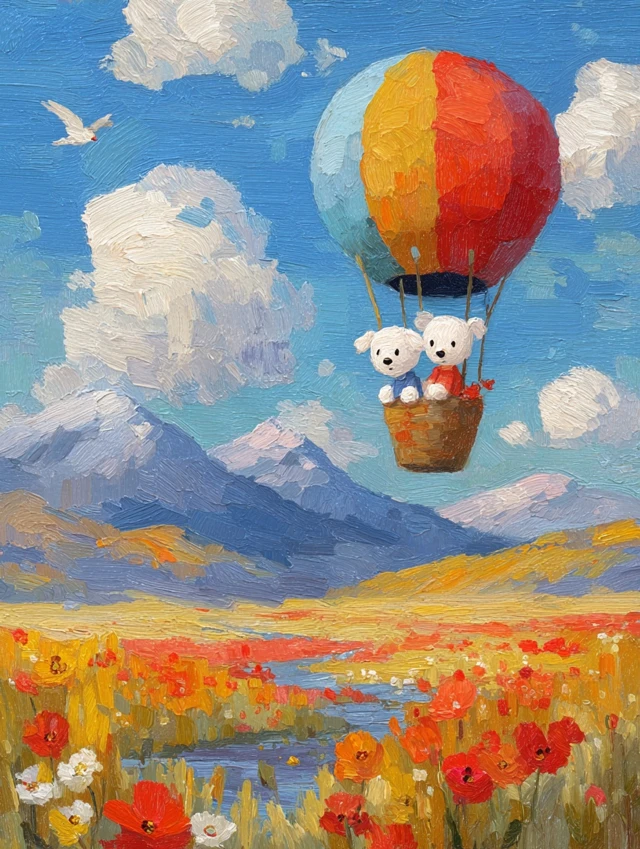 Hot Air Balloon Journey Cute Oil Painting