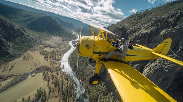 Yellow Biplane Flying Over Valley Canon Film 4K