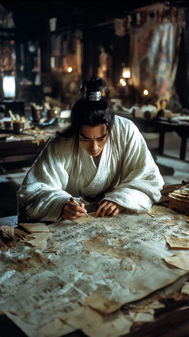 Chinese Wuxia Scholar Assembling Ancient Document