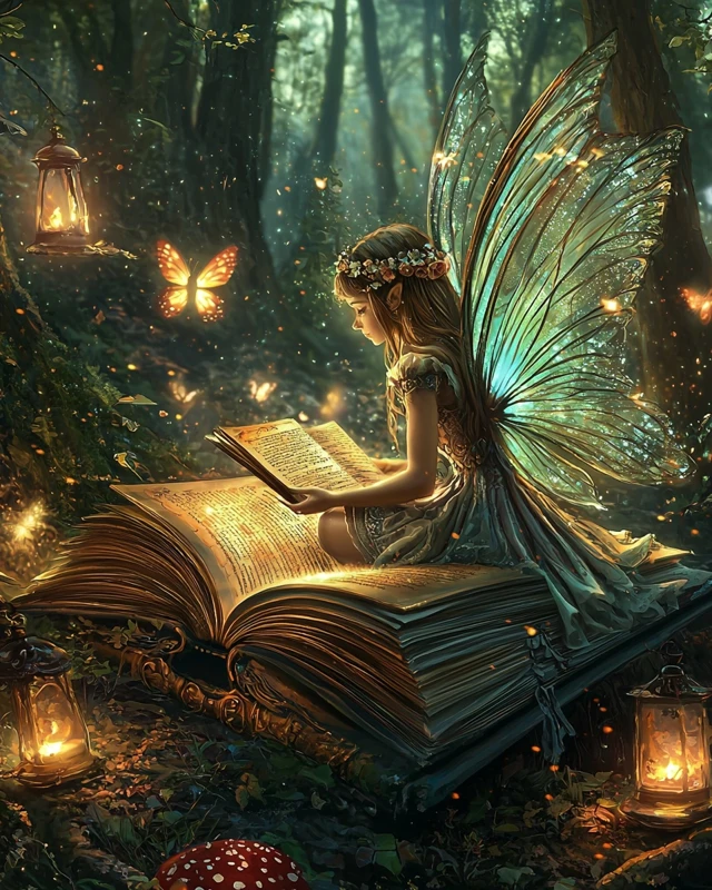 Fairy Reading Fairytales in Enchanted Forest Illustration