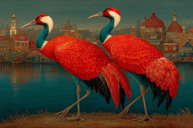 Dutch Master Painting of Cranes at Sunset