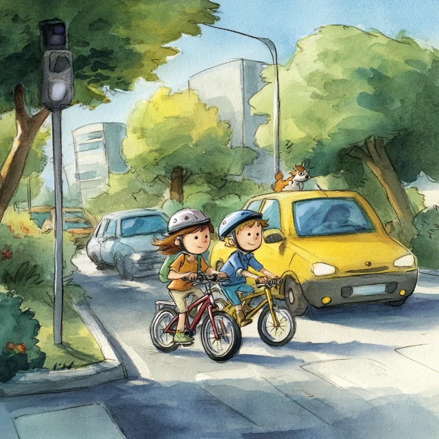 Children Cycling Near Cars Illustration