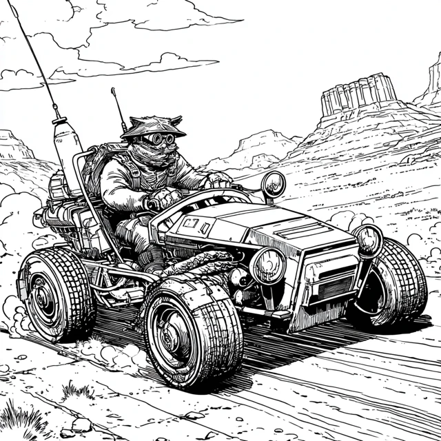 Shadow Pilot Driving Wasteland SciFi Tractor Coloring Page