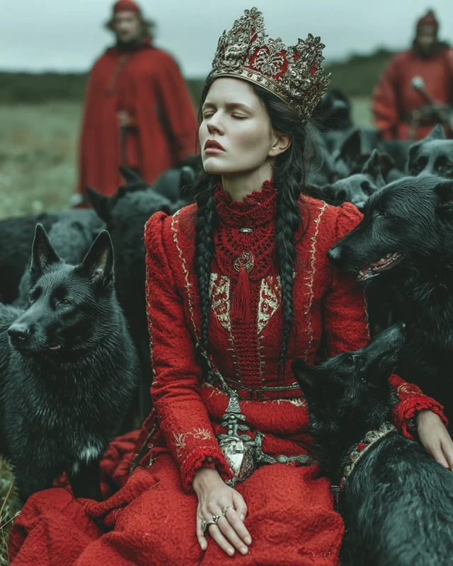 Asgardian Queen with Black Dogs: Hyper Realistic Photography