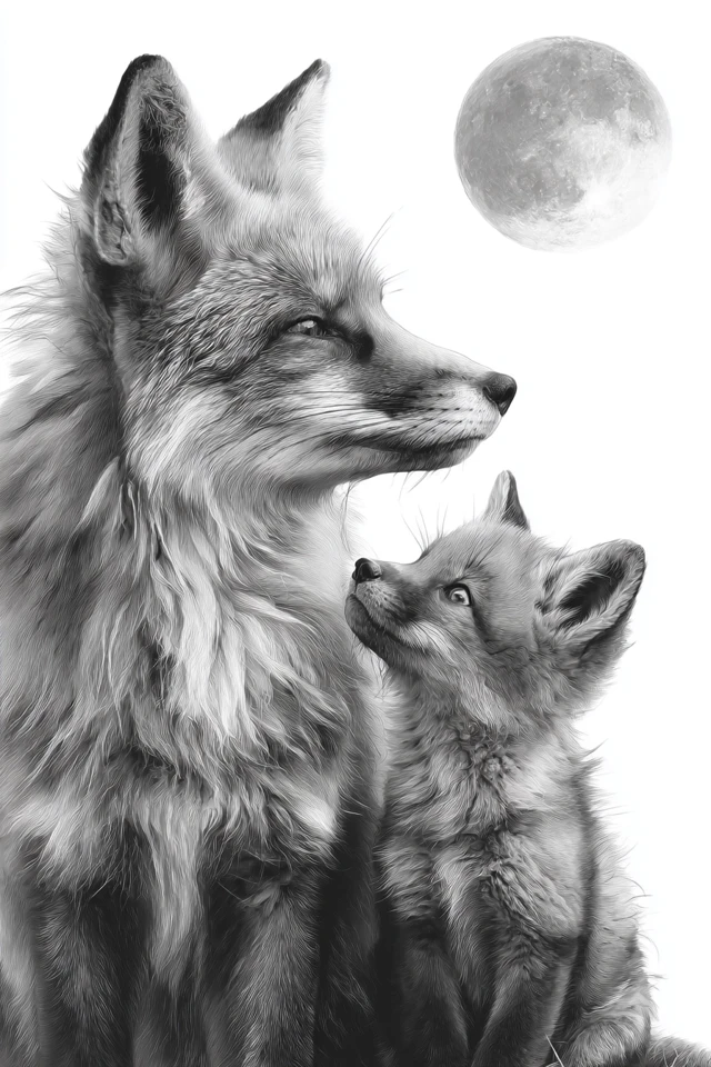 Fox Family Staring at the Moon Art