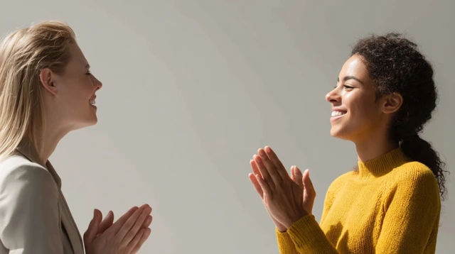 Smiling woman clapping for someone else