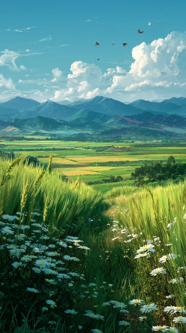 Wheat Field Landscape with Mountains and Flowers