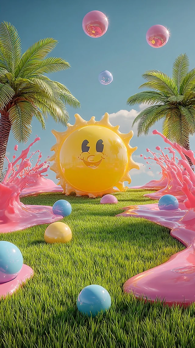 Surreal Summer Scene with Inflatable Sun and Beach Balls