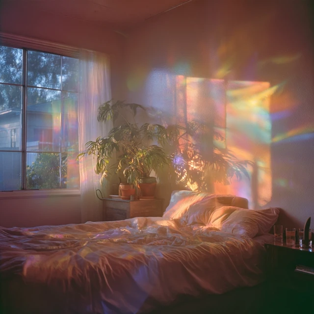 Dreamy Bedroom with Rainbow Light and Pastel Colors