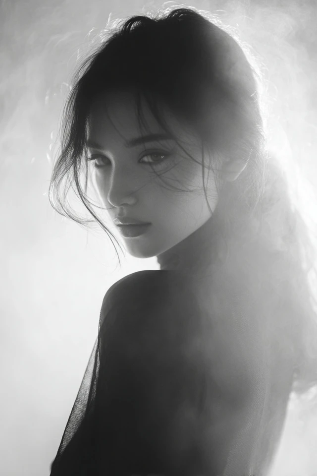 Mysterious Woman in Mist Cinematic Portrait