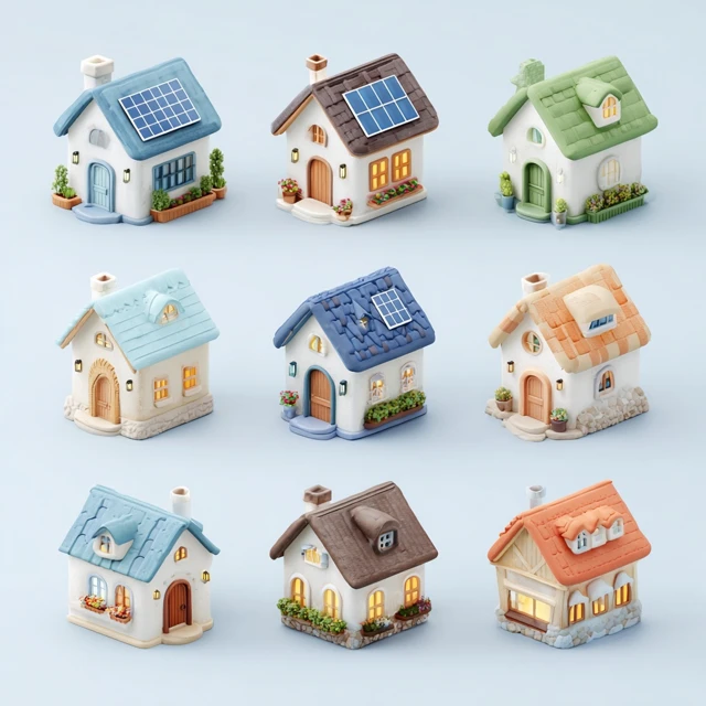 3D Cartoon Houses with Solar Panels Emoji Style