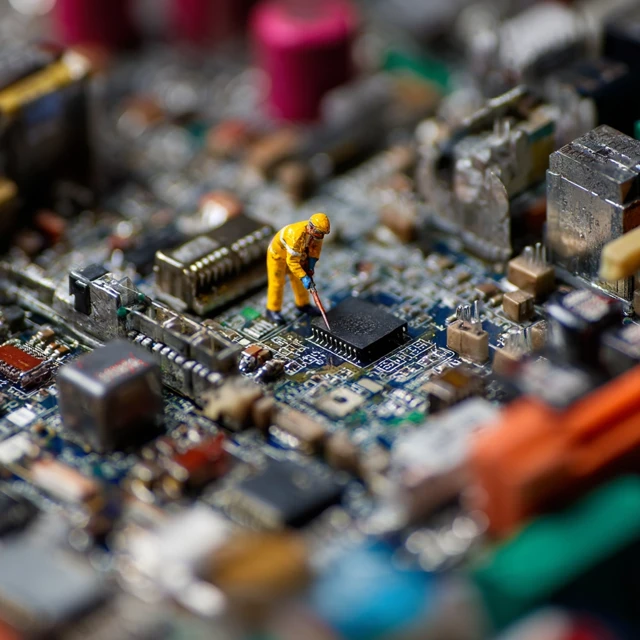 Macro Photo Tiny Technician on Circuit Board