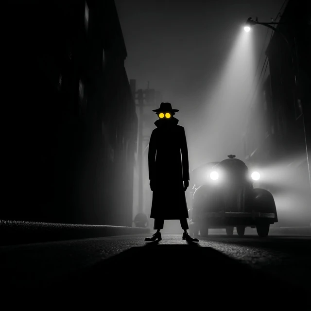 Noir Detective with Glowing Eyes in Foggy Street