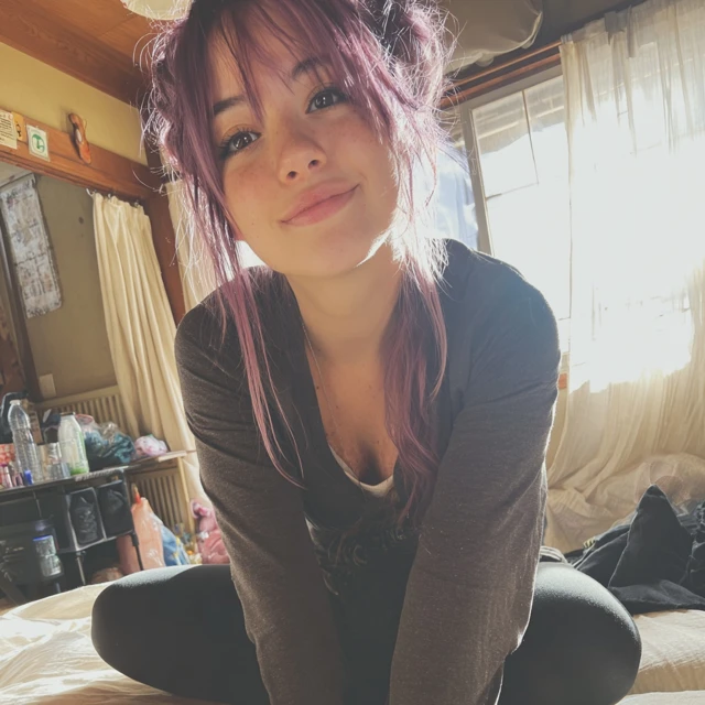 Japanese Girl Purple Hair Selfie in Cozy Room