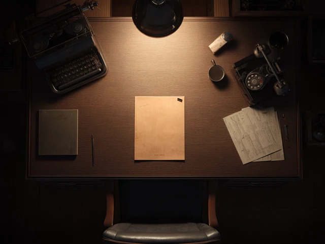 Detective Desk Dimly Lit Photorealistic Scene