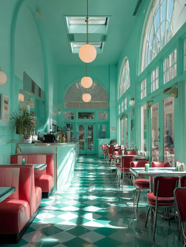 Art Nouveau 50s Diner with Teal Walls