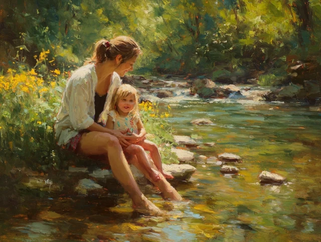 Mother and Daughter by the Creek - Golden Hour