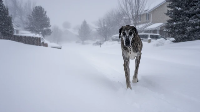 Dog Walking in Snow Winter Scene