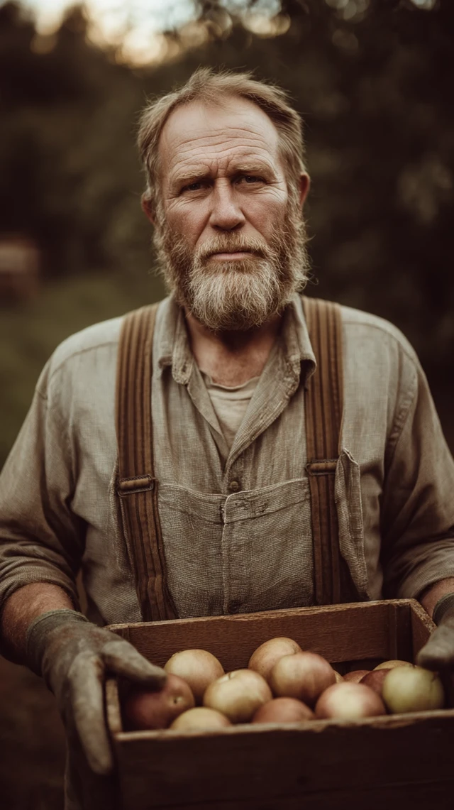 Vintage Apple Farmer in Orchard Sepia Tone