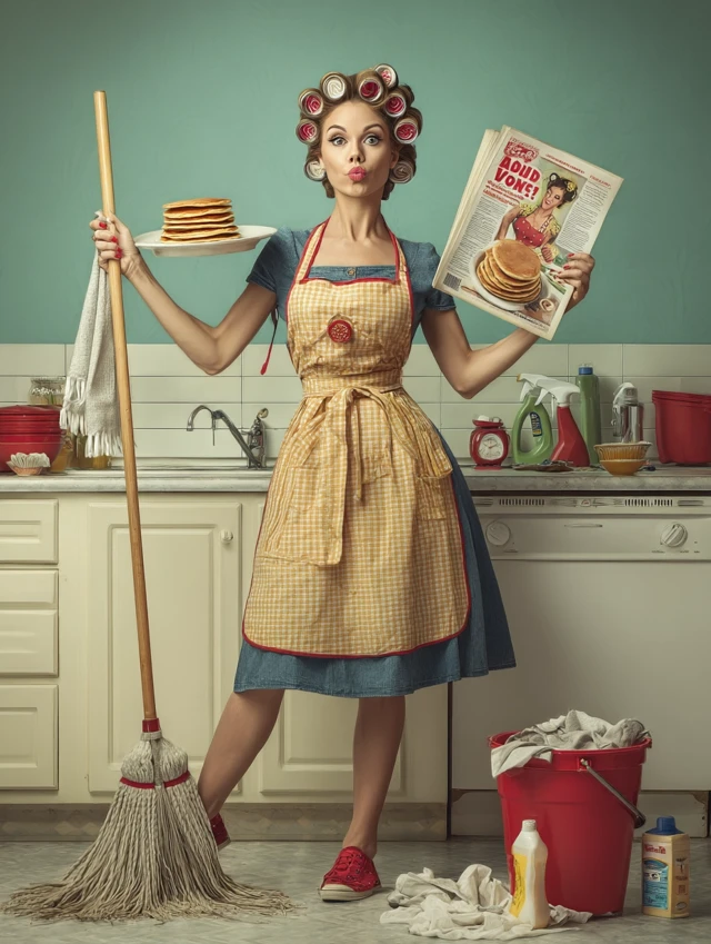 Retro Housewife with Pancakes and Mop