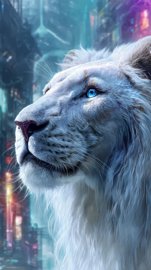 Cyberpunk Lion with Blue Eyes Fantasy Art