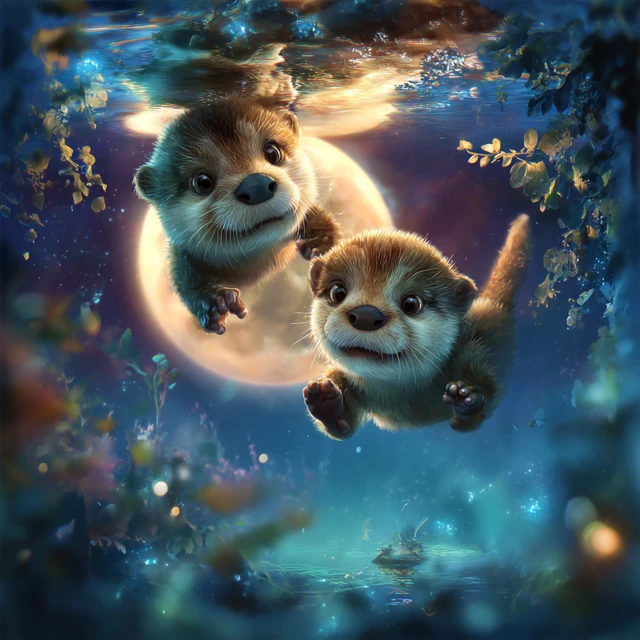 Cute Otters Under Moonlight Childrens Book Illustration