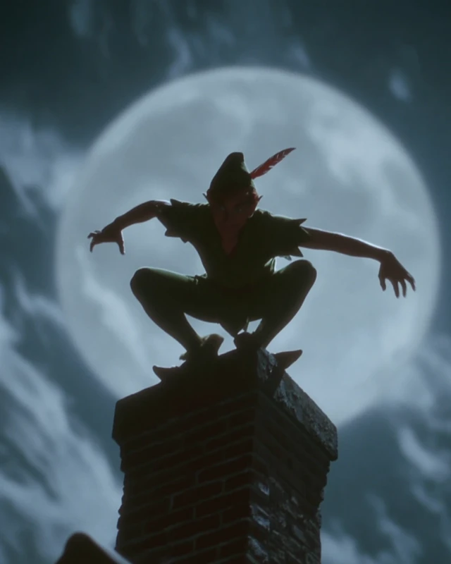 Peter Pan 90s Film Scene on Chimney Moonlit Night