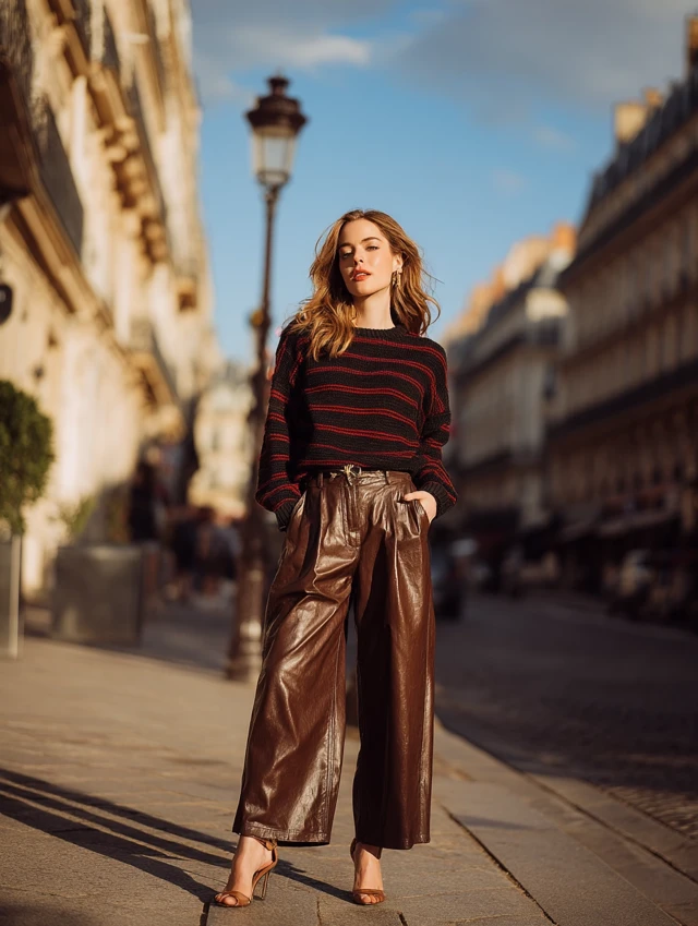 Paris Fashion Chic Woman in Leather Pants