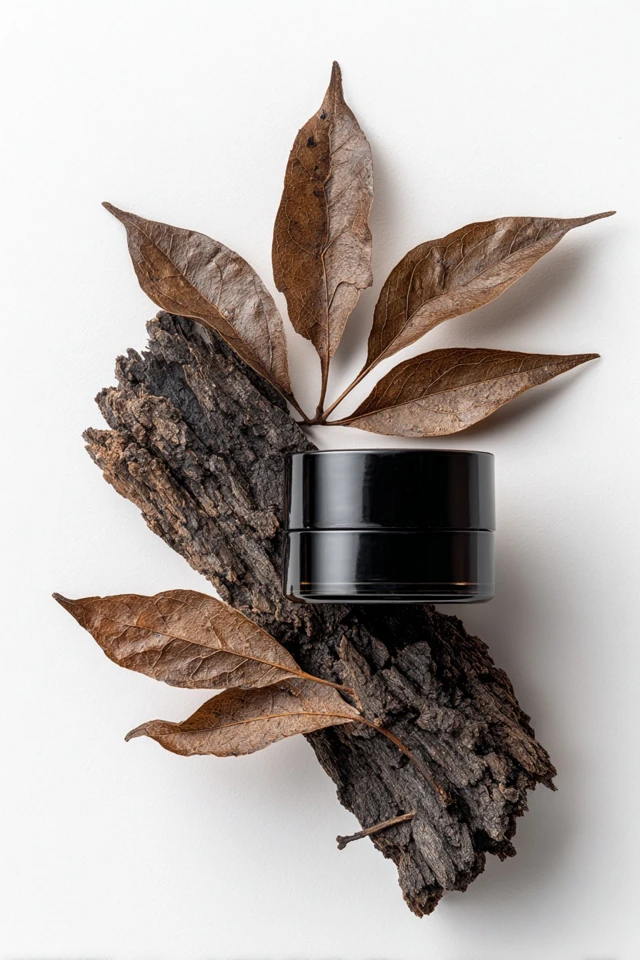 Cosmetic Jar Product Photography with Bark and Leaves