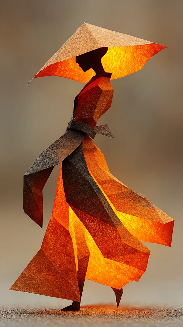 Origami Dancer Geometric Shadows Amber Silhouettes