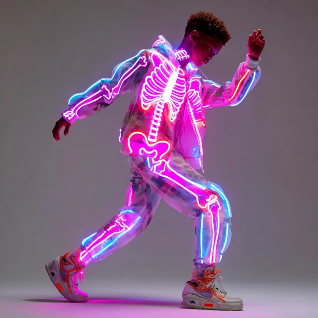 Boy in Neon Skeleton Suit Dancing Cool Pose