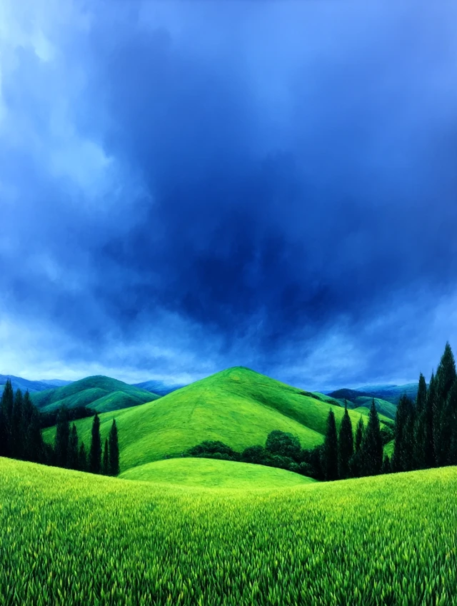 Abstract New Zealand Landscape Painting Green Hills Water