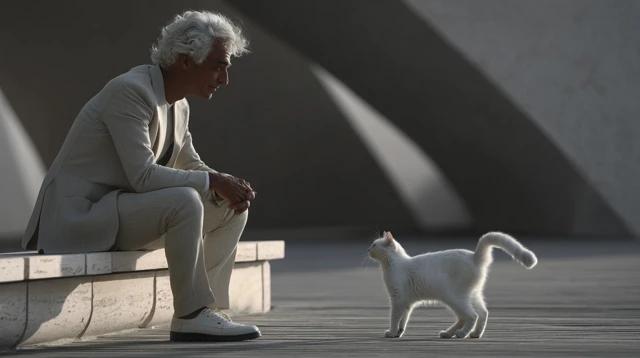 Man and White Kitten Cinematic Scene