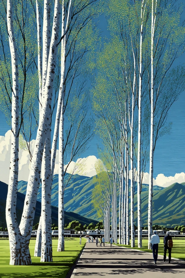 Birch Trees and Asphalt Road in Spring