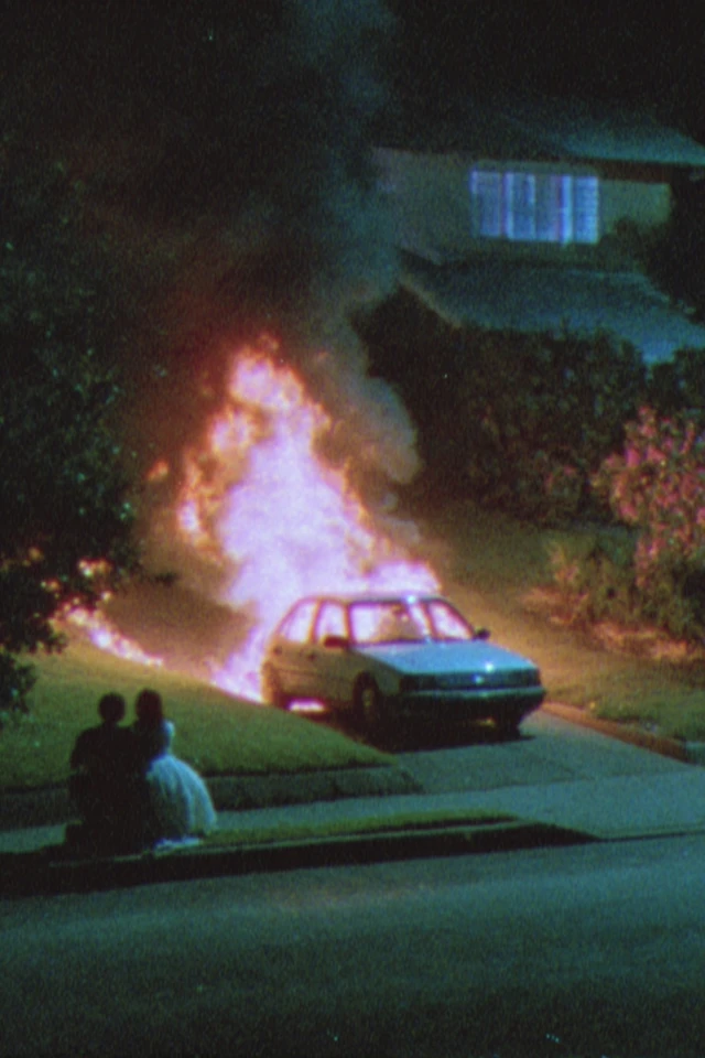 Burning Car Night Suburbs Couple