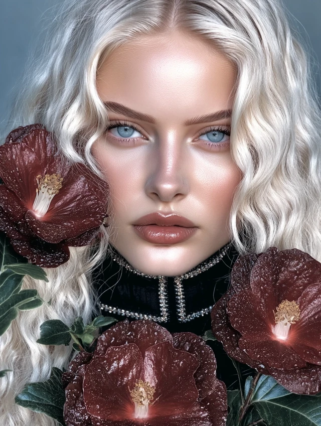 Fashion Model with Blonde Hair and Red Flowers