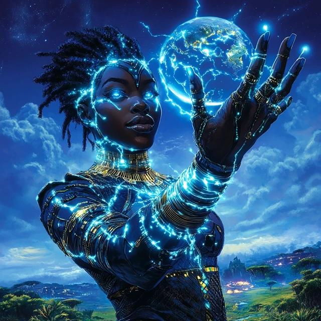 Afrocentric Hand Holding the World Above the Clouds