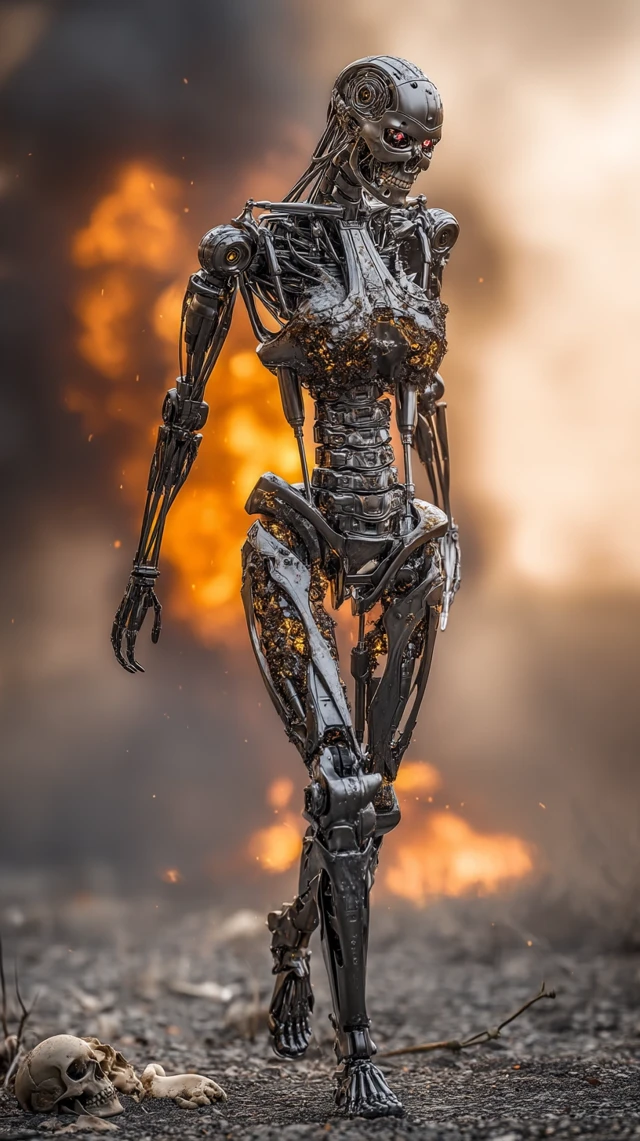Terminator Robot in Fiery Battlefield