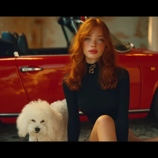 Woman with Bichon Dog and Classic Red Car