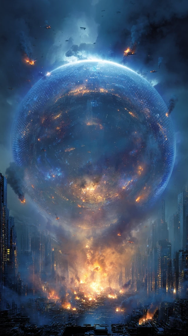 Cyberpunk City with Holographic Orb and Drones