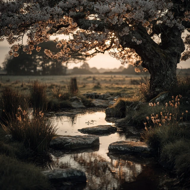 Cherry Blossom Tree in a Field with Stream Landscape