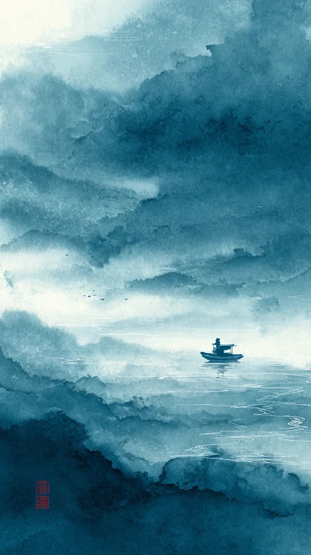 Chinese Ink Painting Ocean Boat and Scholar Song Dynasty