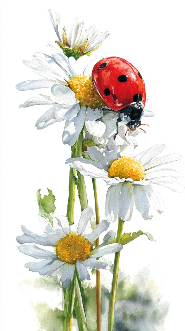 Ladybug on Daisies Watercolor Illustration