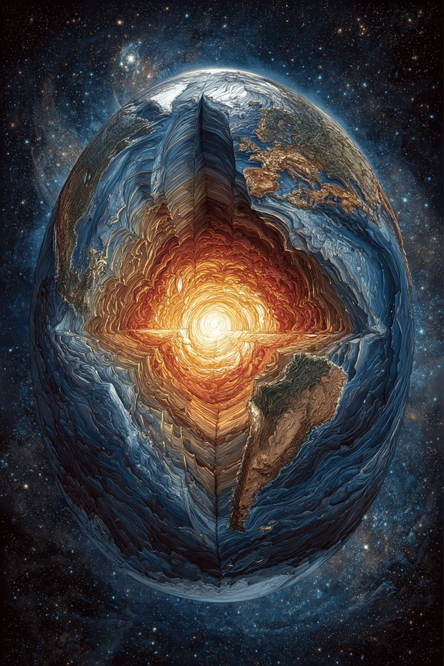 Artistic Earth Cutaway with Starry Core and Sky