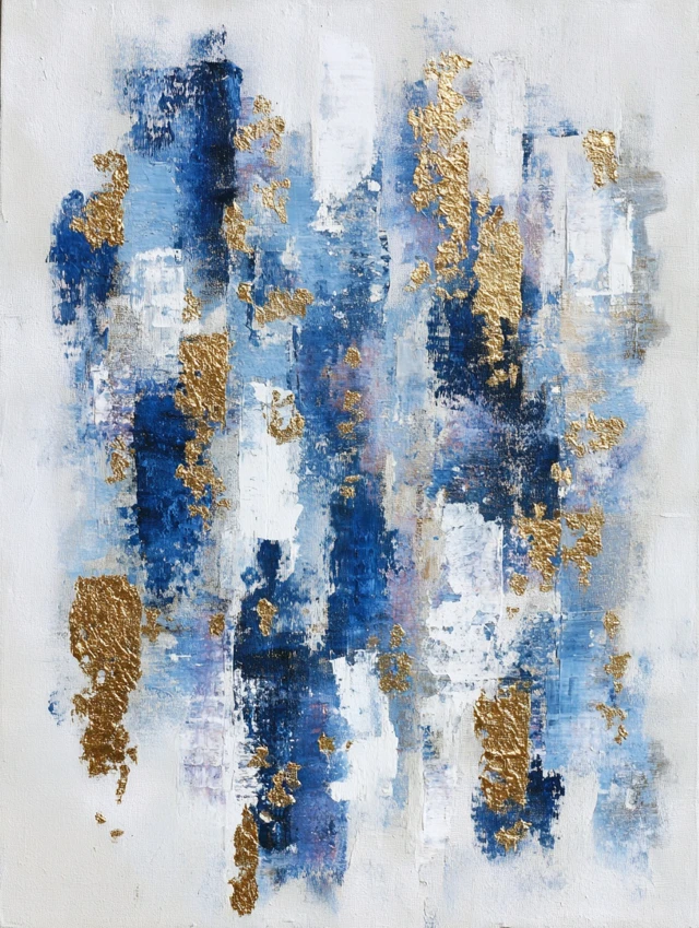 Abstract Brushstroke Art White Blue Gold Foil