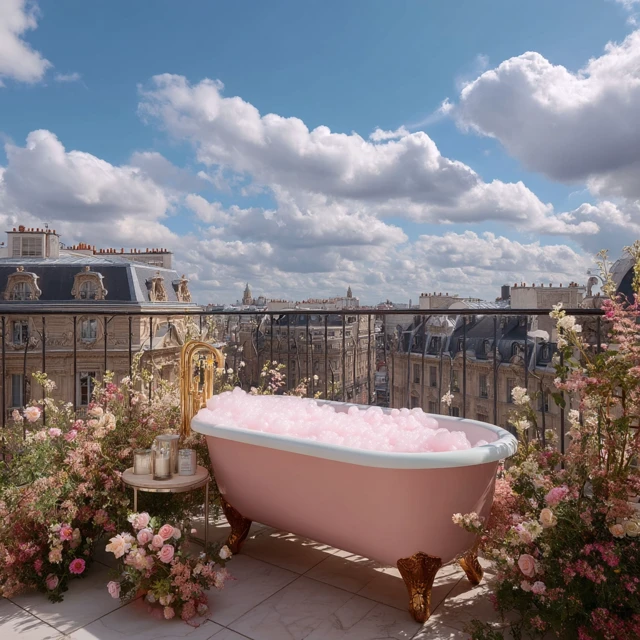 Pink Marble Bathtub in Paris Rooftop Garden