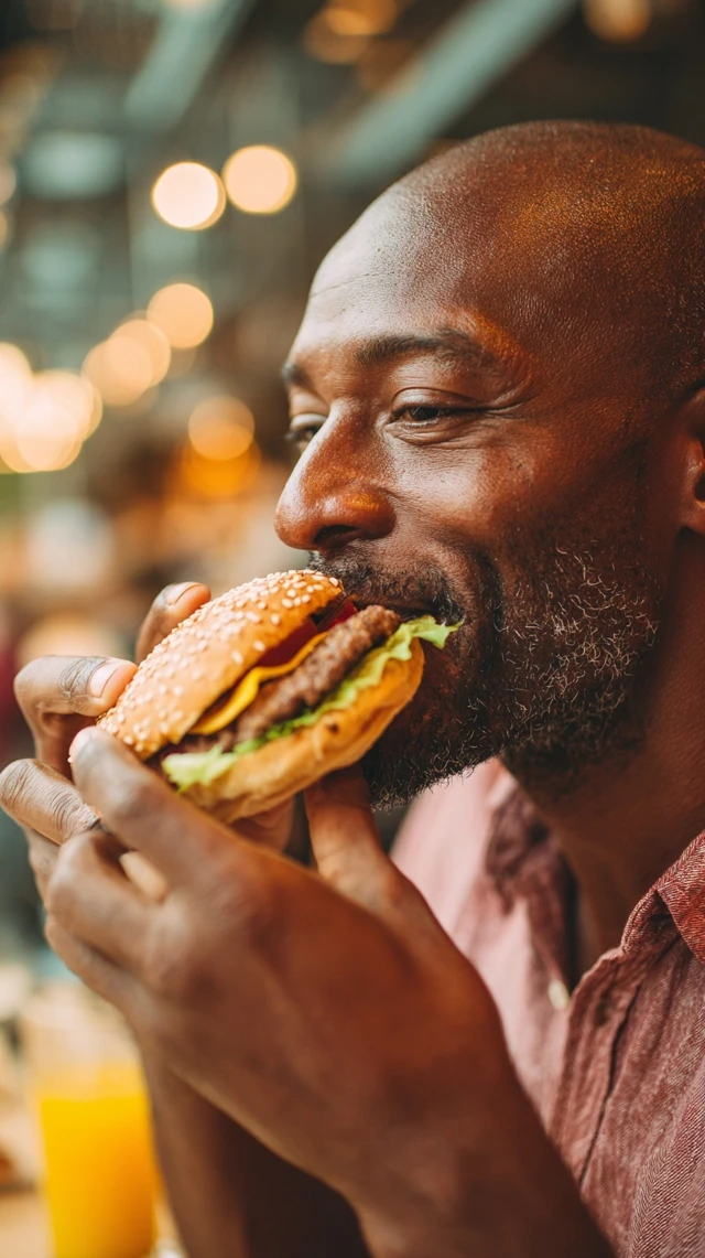 Black Man Enjoying a Burger Close Up