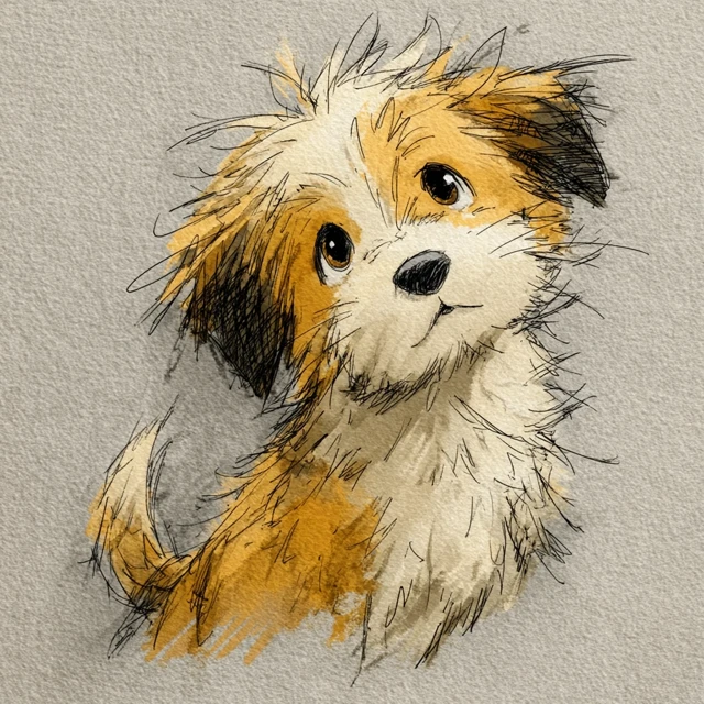 Cute Cartoon Puppy with Big Eyes and Fluffy Fur