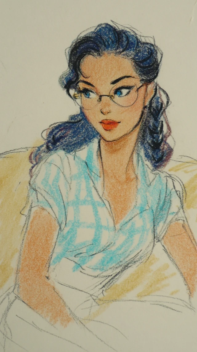 Woman in Checkered Shirt Don Bluth Style Illustration