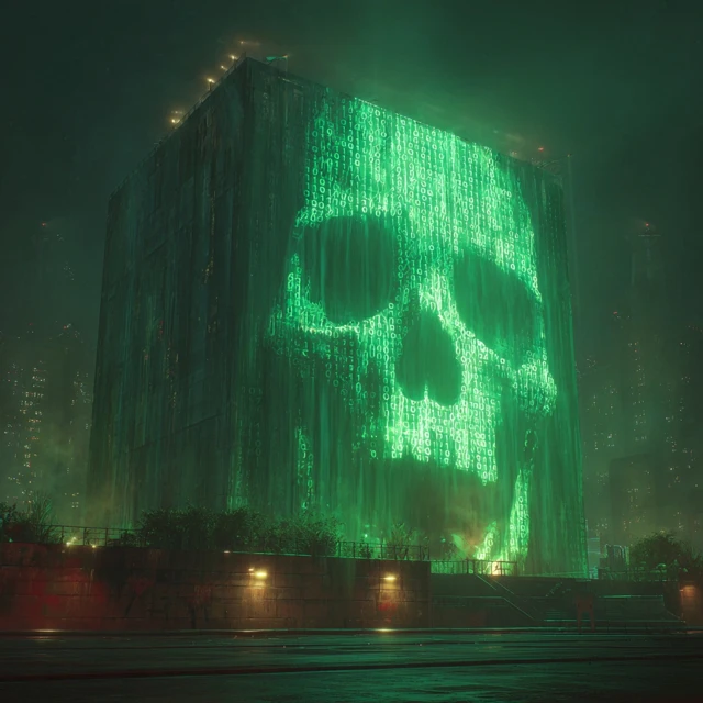 Cyberpunk Building with Green Skull Projection